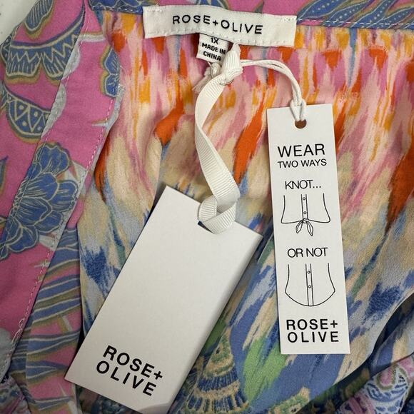 Rose & Olive Floral Button Down Top Women's 1X Pink Blue Paisley Tie Knot Light - Picture 7 of 12